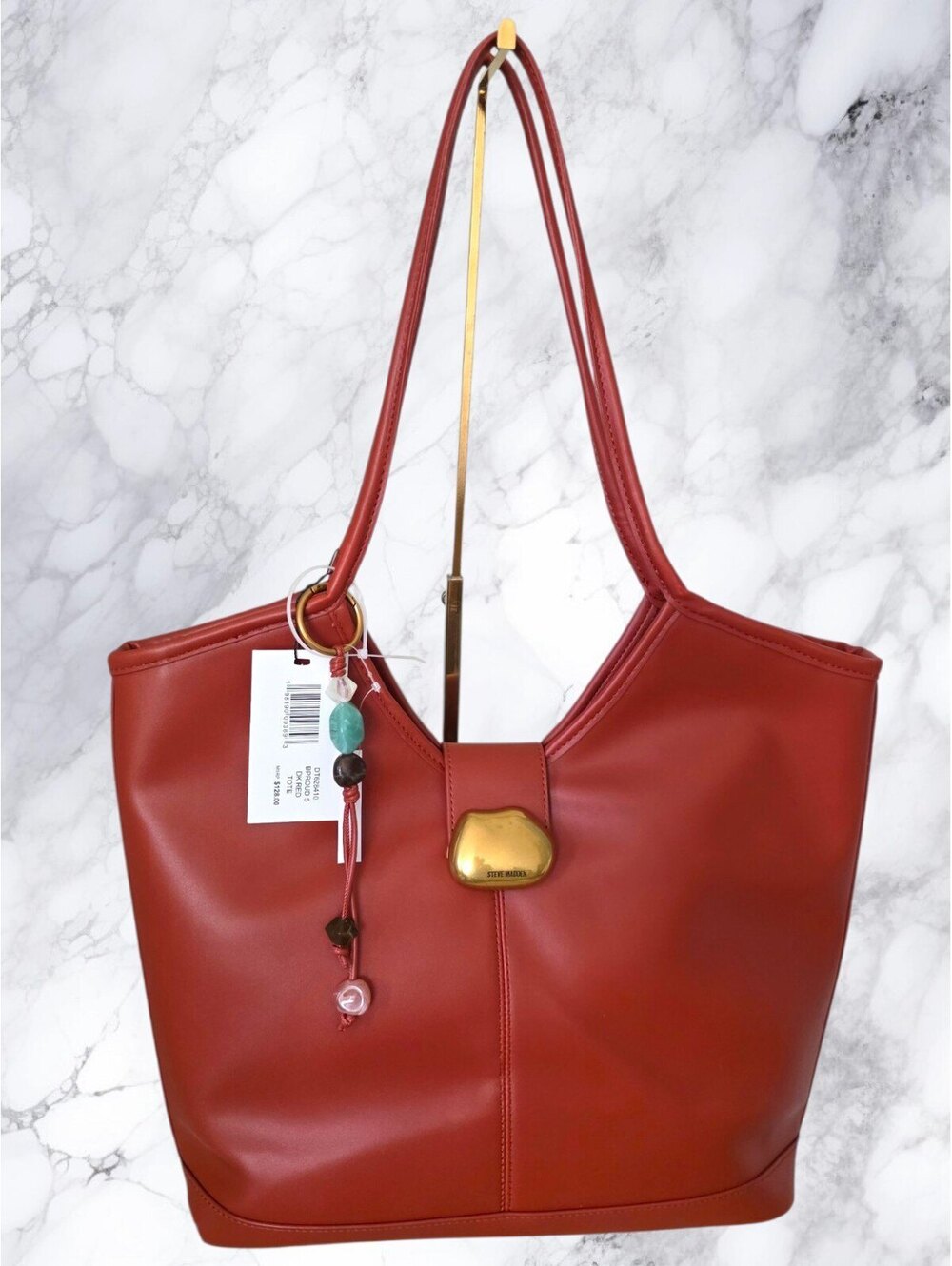 Steve Madden Burnt Sienna Faux Leather Tote Bag with Gold Accent and Charm